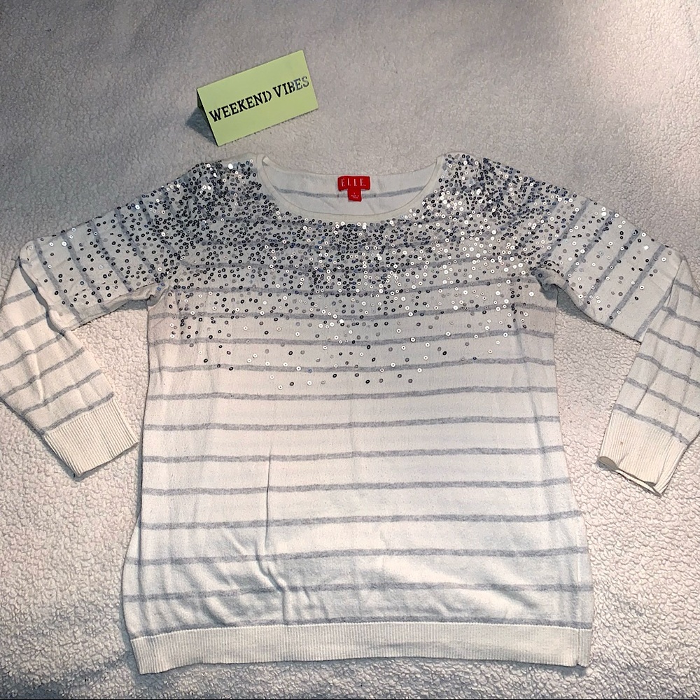 Elle | White Striped Sequin Sweater, Striped Holiday Sweater, Size L